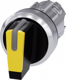 Toggle switch, illuminable, groping, waistband round, yellow, front ring silver, 2 x 45°, mounting Ø 22.3 mm, 3SU1052-2BM30-0AA0