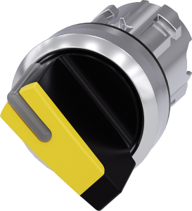 Toggle switch, illuminable, groping, waistband round, yellow, front ring silver, 45°, mounting Ø 22.3 mm, 3SU1052-2BC30-0AA0
