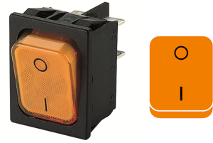 Rocker switch, orange, 2 pole, On-Off, off switch, 20 (4) A/250 VAC, 10 (8) A/250 VAC, IP40, illuminated, printed