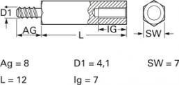 Hexagon spacer bolt, External/Internal Thread, M4, 12 mm, brass