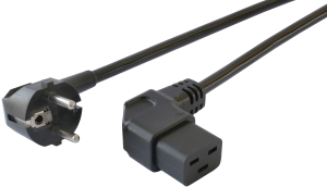 Device connection line, Europe, plug type E + F, angled on C19 jack, angled, H05VV-F3G1.5mm², black, 1.5 m