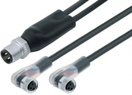 Sensor actuator cable, M12-cable plug, straight to 2 x M8-cable socket, angled, 4 pole/2 x 3 pole, 1 m, PUR, black, 4 A, 77 9829 3608 50003-0100
