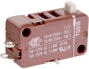 Miniature snap-action switche, On-On, solder connection, pin plunger, 4 N, 16 (4) A/250 VAC, IP40