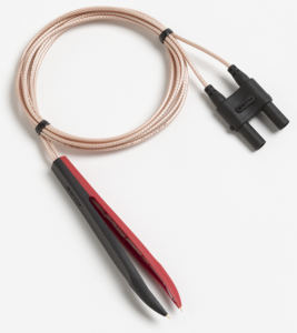 Measuring lead with (2 x 4 mm plug, straight) to (Kelvin tweezer, straight), black/red