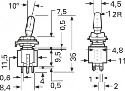 Toggle switch, metal, 2 pole, latching, On-On, 6 VA/125 VAC, MS-248