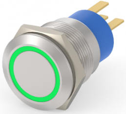 Switch, 1 pole, silver, illuminated  (green), 0.4 A/250 VAC, mounting Ø 19.2 mm, IP67, 1-2213767-4