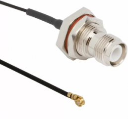 Coaxial Cable, TNC jack (straight) to AMC plug (angled), 50 Ω, 1.37 mm micro cable, grommet black, 100 mm, 336206-14-0100