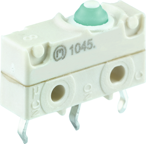 Subminiature snap-action switch, On-On, PCB connection, pin plunger, 1.9 N, 1 A/250 VAC, IP67