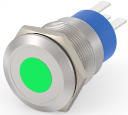 Switch, 1 pole, silver, illuminated  (green), 5 A/250 VAC, mounting Ø 19.18 mm, IP67, 1-2213765-3
