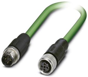 Network cable, M12-plug, straight to M12 socket, straight, Cat 5, SF/TQ, PUR, 1 m, green