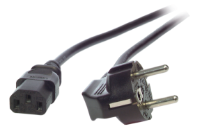 Power cord, Europe, plug type E + F, angled on C13 jack, straight, H05VV-F3G0.75mm², black, 1 m