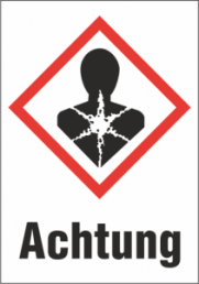 Hazardous goods sign, symbol: GHS08/text: "Achtung", (W) 26 mm, plastic, 013.32-9-37X26-W1 / 36 ST