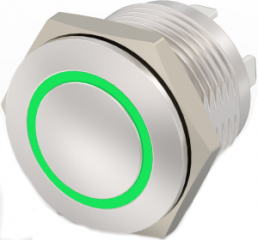 Pushbutton, 1 pole, silver, illuminated  (green), 0.4 A/36 V, mounting Ø 16 mm, IP67, 2213774-7