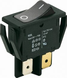 Rocker switch, black, 2 pole, On-Off, off switch, 10 (4) A/250 VAC, 16 (4) A/250 VAC, IP40, unlit, printed