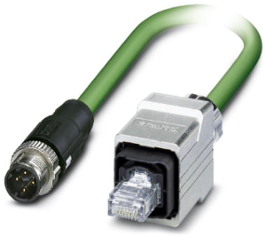 Network cable, M12-plug, straight to RJ45 plug, straight, Cat 5, SF/TQ, PVC, 1 m, green