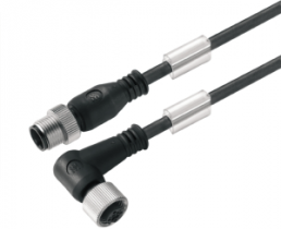 Sensor actuator cable, M12-cable plug, straight to M12-cable socket, angled, 3 pole, 1.5 m, PUR, black, 4 A, 1021720150
