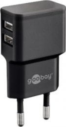 USB socket charger, Euro plug to 2x USB-A socket, 2.4 A, black