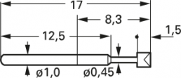 Standard spring contact with probe, tip, Ø 1 mm, travel  3 mm, pitch 1.91 mm, L 17 mm, 1010-B-0.8NE-AU-0.45