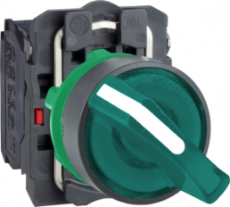 Selector switch, latching, 1 Form A (N/O) + 1 Form B (N/C), waistband round, green, front ring black, 2 x 90°, mounting Ø 22 mm, XB5AK123B5