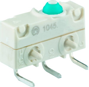 Subminiature snap-action switch, On-On, PCB connection, pin plunger, 2.6 N, 5 (5) A/250 VAC, IP67