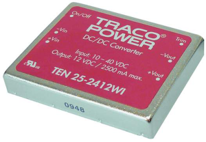 DC/DC converter, 10-40 VDC, 30 W, 2 outputs, ±12 VDC, 89 % efficiency, TEN 25-2422WI