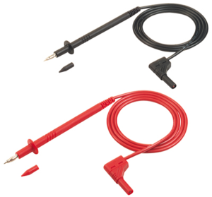 Measuring lead with (2 x test probe, straight) to (2 x 4 mm plug, angled), 1 m, black/red, silicone, 1.0 mm², CAT II