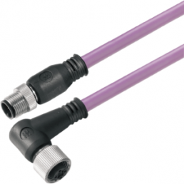 Bus line, M12-plug, straight to M12 socket, angled, PUR, 1.5 m, purple