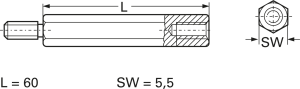 Hexagon spacer bolt, External/Internal Thread, M3/M3, 60 mm, brass