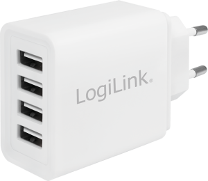 USB socket charger, Euro plug to 4x USB-A socket, 4.8 A, white