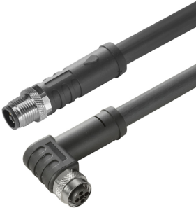Sensor actuator cable, M12-cable plug, straight to M12-cable socket, angled, 4 pole, 5 m, PUR, black, 12 A, 2050910500
