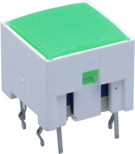 Short-stroke pushbutton, Form A (N/O), 100 mA/42 V AC/DC, illuminated, actuator (green), 3.3 N, THT