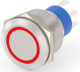 Pushbutton, 2 pole, silver, illuminated  (red), 5 A/250 V, mounting Ø 22.2 mm, IP67, 4-2213772-7
