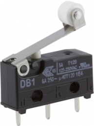 Subminiature snap-action switch, On-On, plug-in connection, roller lever, 0.65 N, 5 A/125 VAC, 1 A/48 VDC, IP50