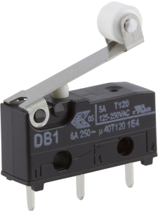 Subminiature snap-action switch, On-On, plug-in connection, roller lever, 0.65 N, 5 A/125 VAC, 1 A/48 VDC, IP50