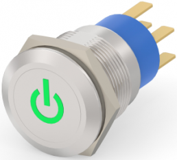 Switch, 2 pole, silver, illuminated  (green), 0.4 A/250 VAC, mounting Ø 19.2 mm, IP67, 7-2213766-4