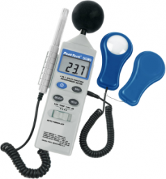 Multi-function tester for light, noise, atmospheric humidity and temperature