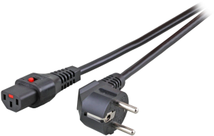 Power cord, Europe, plug type E + F, angled on C13 jack, straight, H05VV-F3G1.0mm², black, 2 m