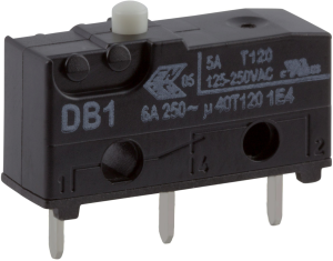Subminiature snap-action switch, On-On, PCB connection, pin plunger, 1.5 N, 5 A/125 VAC, 1 A/48 VDC, IP50