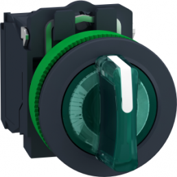 Selector switch, unlit, latching, waistband round, green, front ring black, 3 x 45°, mounting Ø 30.5 mm, XB5FK133G5