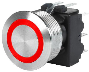 Pushbutton, 2 pole, silver, illuminated  (red), 3 A/250 V, mounting Ø 22 mm, 19.1 mm, IP67, 3-108-974
