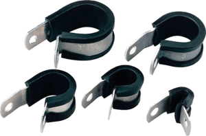 Cable clamp, max. bundle Ø 15.9 mm, aluminum, black, (W) 16.3 mm