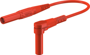 Measuring lead with (4 mm plug, spring-loaded, straight) to (4 mm plug, spring-loaded, angled), 1 m, red, PVC, 1.0 mm², CAT III