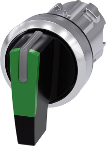 Toggle switch, illuminable, groping, waistband round, green, front ring silver, 2 x 45°, mounting Ø 22.3 mm, 3SU1052-2CM40-0AA0
