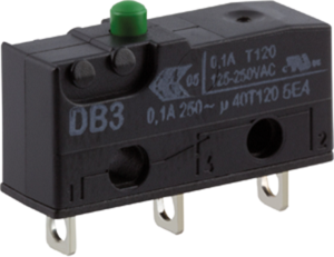 Subminiature snap-action switch, On-On, solder connection, pin plunger, 1.5 N, 0.1 A/250 VAC, IP50