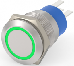 Pushbutton switch, 1 pole, silver, illuminated  (green), 5 A/250 V, mounting Ø 19.2 mm, IP67, 3-2213767-3