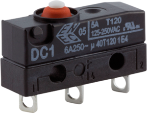 Subminiature snap-action switch, On-On, solder connection, pin plunger, 2 N, 5 A/125 VAC, 1 A/48 VDC, IP67