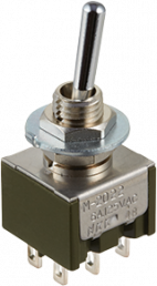 Toggle switch, metal, 2 pole, latching, On-Off-On, 6 A/125 VAC, 4 A/30 VDC, silver-plated, MN23SS4W01