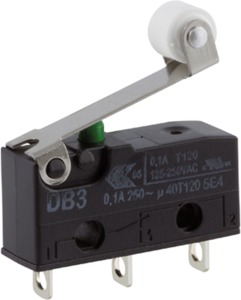 Subminiature snap-action switch, On-On, solder connection, roller lever, 0.65 N, 0.1 A/250 VAC, IP50
