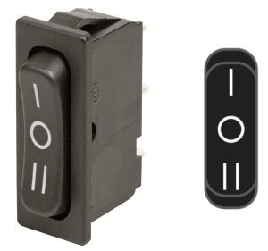 Rocker switch, black, 1 pole, On-Off-On, Changeover switch, 6 (4) A/250 VAC, IP40, unlit, printed