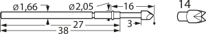 Long stroke test pin with probe, Quadruple-crown, Ø 1.66 mm, travel  8 mm, pitch 2.54 mm, L 38 mm, F78614S200L300